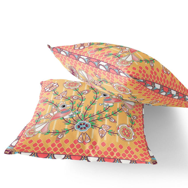 Set of Two Yellow Peach And White Peacock Indoor Outdoor Throw Pillow