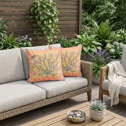 Set of Two Yellow Peach And White Peacock Indoor Outdoor Throw Pillow HomeRoots
