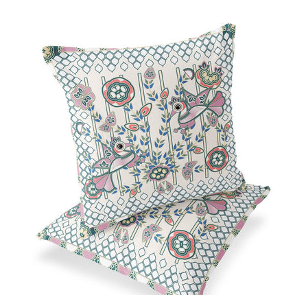Set of Two Off White Orange Blue And Green Peacock Indoor Outdoor Throw Pillow