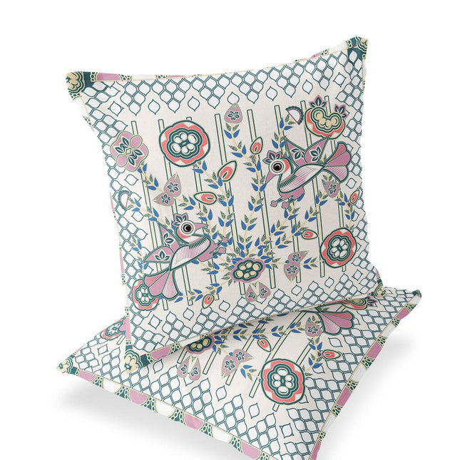 Set of Two Off White Orange Blue And Green Peacock Indoor Outdoor Throw Pillow