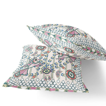 Set of Two Off White Orange Blue And Green Peacock Indoor Outdoor Throw Pillow