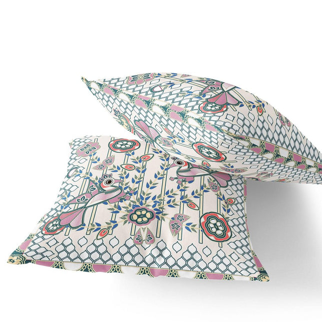 Set of Two Off White Orange Blue And Green Peacock Indoor Outdoor Throw Pillow