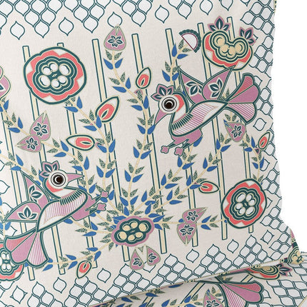 Set of Two Off White Orange Blue And Green Peacock Indoor Outdoor Throw Pillow