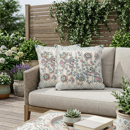Set of Two Off White Orange Blue And Green Peacock Indoor Outdoor Throw Pillow