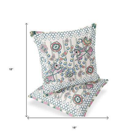 Set of Two Off White Orange Blue And Green Peacock Indoor Outdoor Throw Pillow