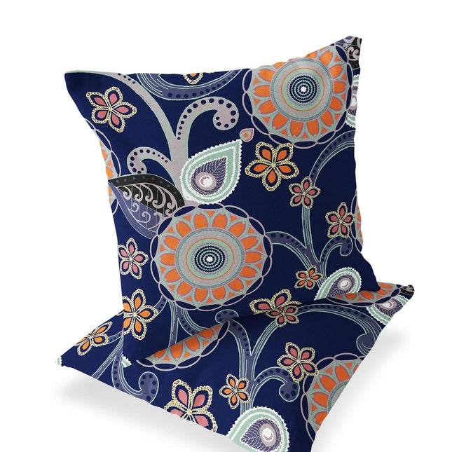 Set of Two Orange Light Green Gray And Indigo Floral Indoor Outdoor Throw Pillow