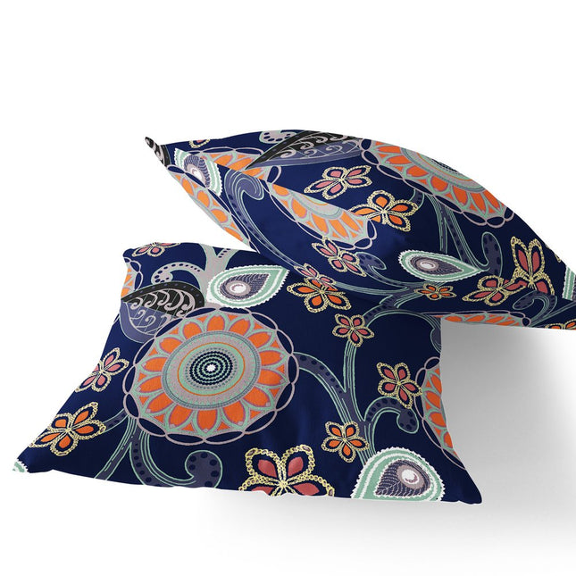 Set of Two Orange Light Green Gray And Indigo Floral Indoor Outdoor Throw Pillow