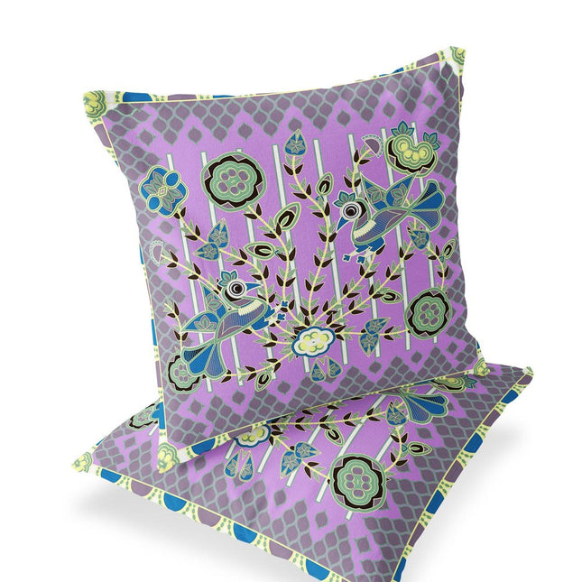 Set of Two Purple Green And Yellow Peacock Indoor Outdoor Throw Pillow
