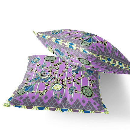 Set of Two Purple Green And Yellow Peacock Indoor Outdoor Throw Pillow