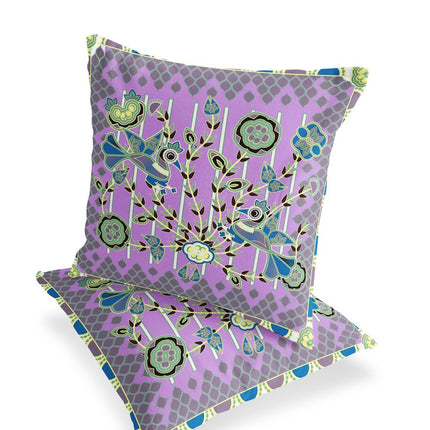 Set of Two Purple Green And Yellow Peacock Indoor Outdoor Throw Pillow HomeRoots