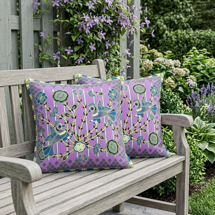 Set of Two Purple Green And Yellow Peacock Indoor Outdoor Throw Pillow HomeRoots