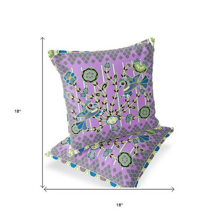 Set of Two Purple Green And Yellow Peacock Indoor Outdoor Throw Pillow HomeRoots