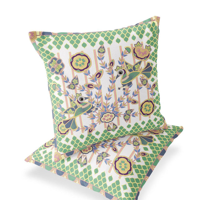 Set of Two White Green And Yellow Peacock Indoor Outdoor Throw Pillow