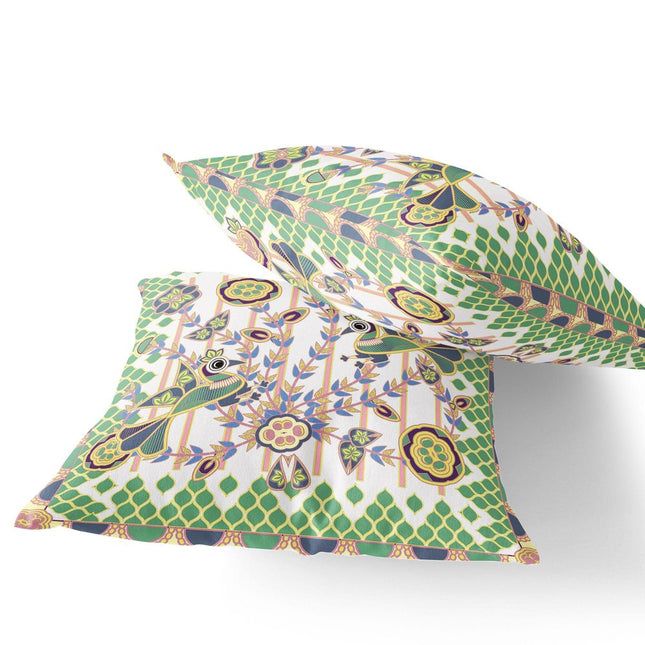Set of Two White Green And Yellow Peacock Indoor Outdoor Throw Pillow