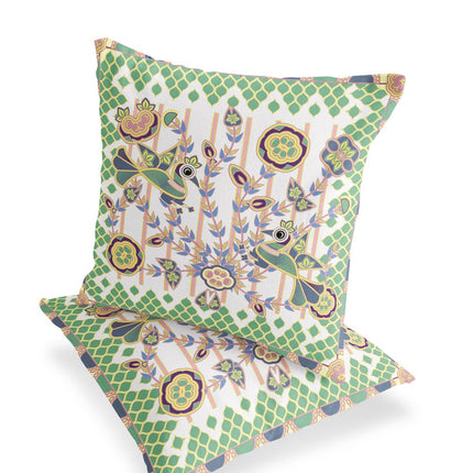 Set of Two White Green And Yellow Peacock Indoor Outdoor Throw Pillow HomeRoots