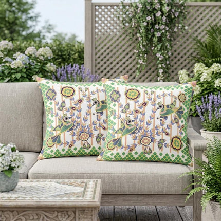 Set of Two White Green And Yellow Peacock Indoor Outdoor Throw Pillow HomeRoots