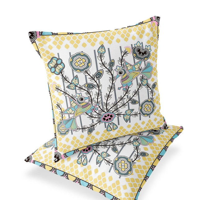 Set of Two White Yellow And Gray Peacock Indoor Outdoor Throw Pillow