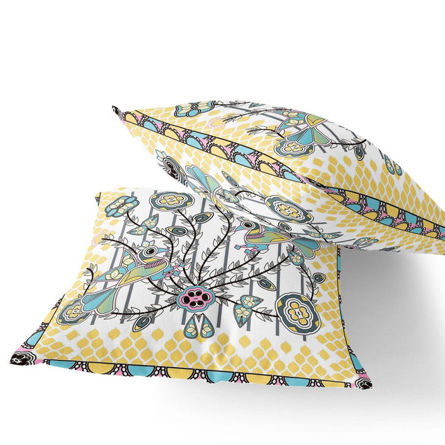 Set of Two White Yellow And Gray Peacock Indoor Outdoor Throw Pillow