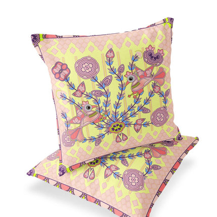 Set of Two Yellow Peach And Pink Peacock Indoor Outdoor Throw Pillow