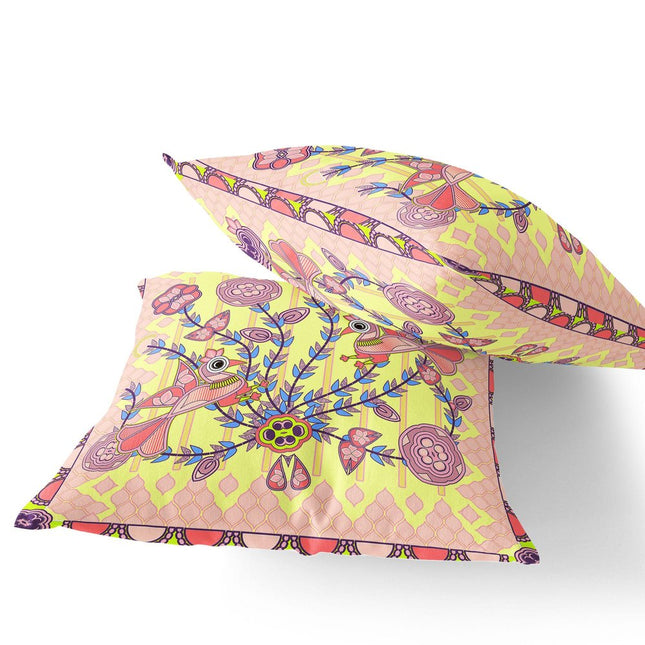 Set of Two Yellow Peach And Pink Peacock Indoor Outdoor Throw Pillow