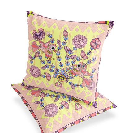 Set of Two Yellow Peach And Pink Peacock Indoor Outdoor Throw Pillow