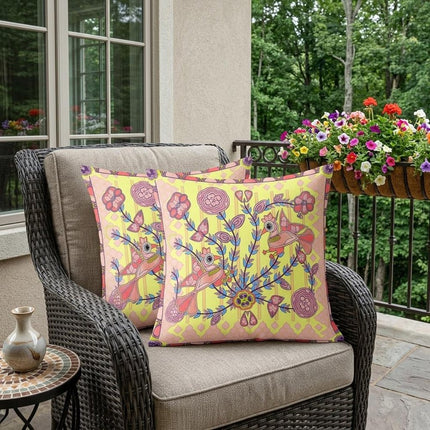 Set of Two Yellow Peach And Pink Peacock Indoor Outdoor Throw Pillow