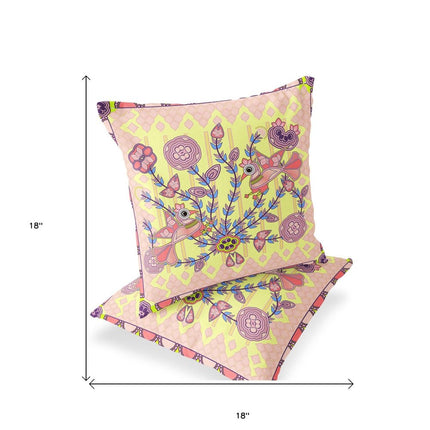 Set of Two Yellow Peach And Pink Peacock Indoor Outdoor Throw Pillow