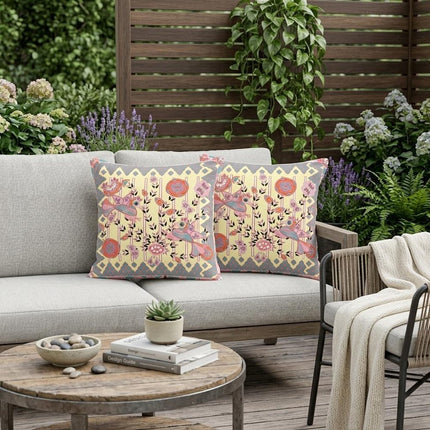 Set of Two Yellow Pink Orange And Gray Peacock Indoor Outdoor Throw Pillow HomeRoots