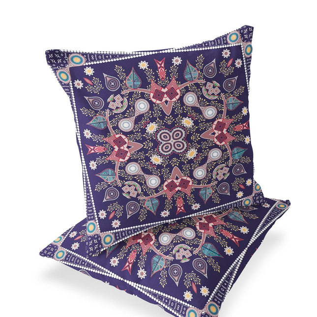Set of Two Dark Purple And Pink Botanical Indoor Outdoor Throw Pillow