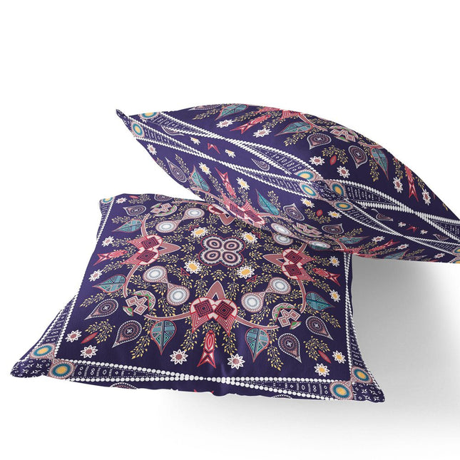 Set of Two Dark Purple And Pink Botanical Indoor Outdoor Throw Pillow