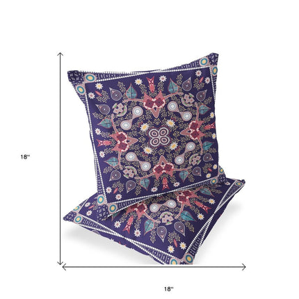 Set of Two Dark Purple And Pink Botanical Indoor Outdoor Throw Pillow
