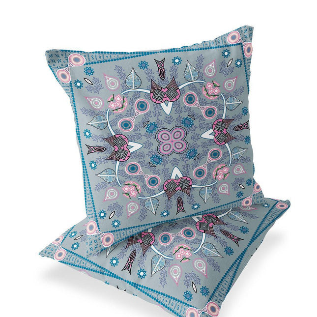 Set of Two Gray Pink And Light Blue Botanical Indoor Outdoor Throw Pillow