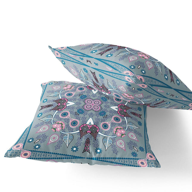 Set of Two Gray Pink And Light Blue Botanical Indoor Outdoor Throw Pillow
