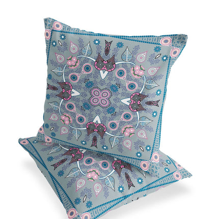 Set of Two Gray Pink And Light Blue Botanical Indoor Outdoor Throw Pillow HomeRoots