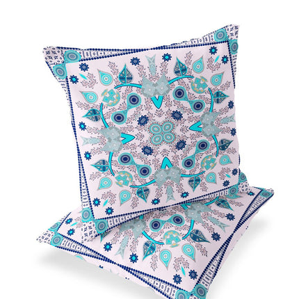 Set of Two Light Pink Light Blue And Navy Blue Botanical Indoor Outdoor Throw Pillow