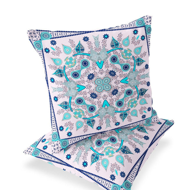 Set of Two Light Pink Light Blue And Navy Blue Botanical Indoor Outdoor Throw Pillow