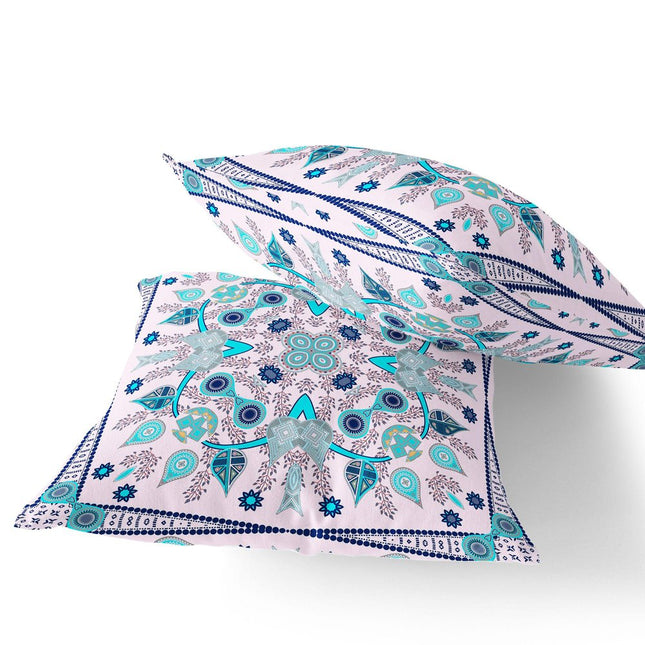 Set of Two Light Pink Light Blue And Navy Blue Botanical Indoor Outdoor Throw Pillow