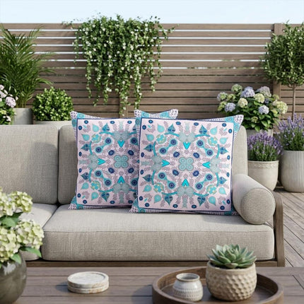 Set of Two Light Pink Light Blue And Navy Blue Botanical Indoor Outdoor Throw Pillow
