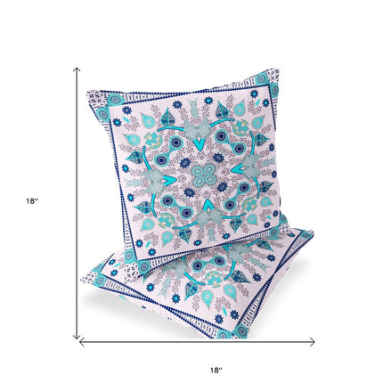Set of Two Light Pink Light Blue And Navy Blue Botanical Indoor Outdoor Throw Pillow HomeRoots