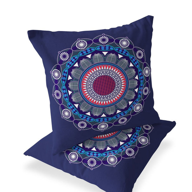 Set of Two Navy Blue Blue Charcoal White And Red Geometric Indoor Outdoor Throw Pillow