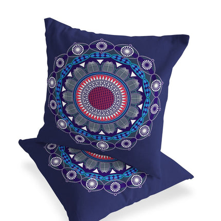 Set of Two Navy Blue Blue Charcoal White And Red Geometric Indoor Outdoor Throw Pillow HomeRoots