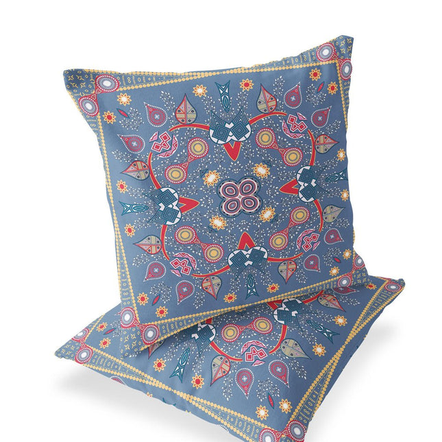 Set of Two Purple Blue Red And Gold Botanical Indoor Outdoor Throw Pillow
