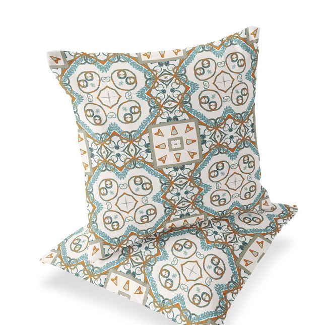 Set of Two Orange Light Blue And White Geometric Indoor Outdoor Throw Pillow