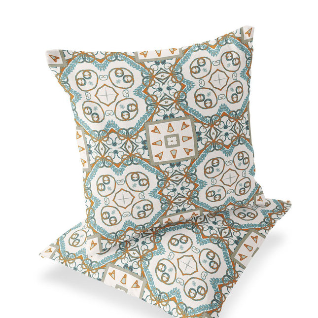 Set of Two Orange Light Blue And White Geometric Indoor Outdoor Throw Pillow HomeRoots