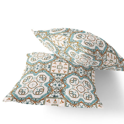Set of Two Orange Light Blue And White Geometric Indoor Outdoor Throw Pillow