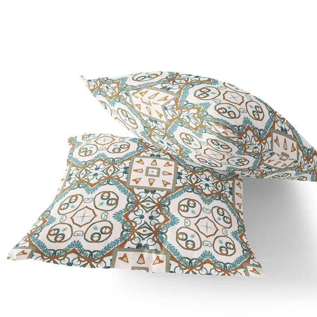 Set of Two Orange Light Blue And White Geometric Indoor Outdoor Throw Pillow