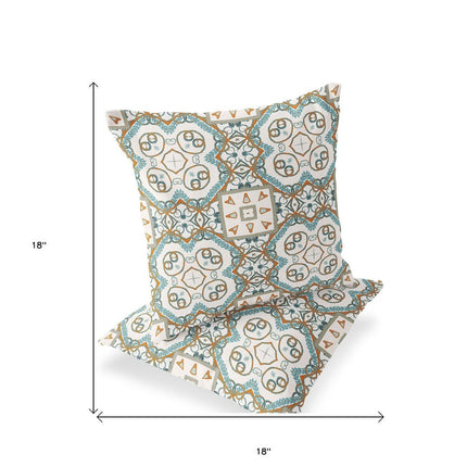 Set of Two Orange Light Blue And White Geometric Indoor Outdoor Throw Pillow HomeRoots