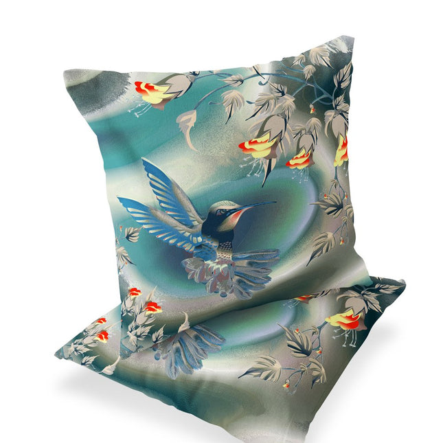 Set of Two Turquoise Blue And Orange Bird Indoor Outdoor Throw Pillow