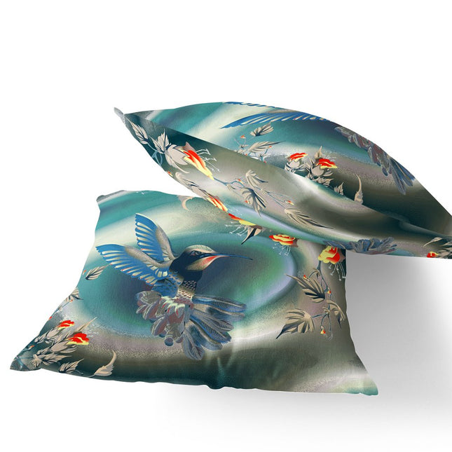 Set of Two Turquoise Blue And Orange Bird Indoor Outdoor Throw Pillow