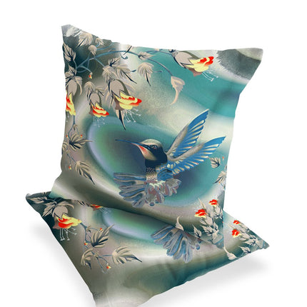 Set of Two Turquoise Blue And Orange Bird Indoor Outdoor Throw Pillow